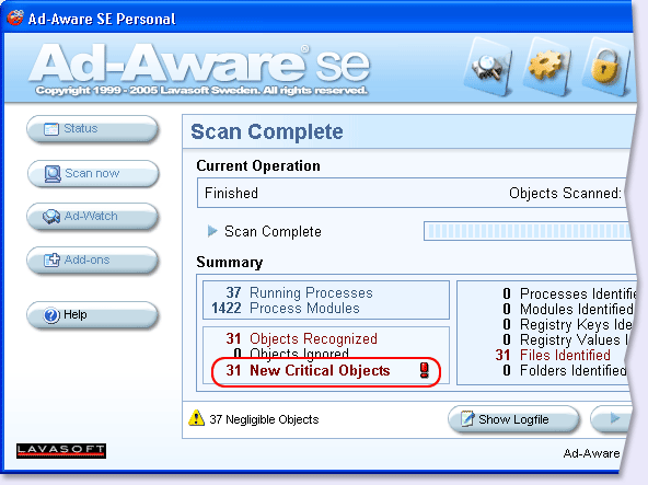 Ad-Aware SE Personal - результаты сканирования