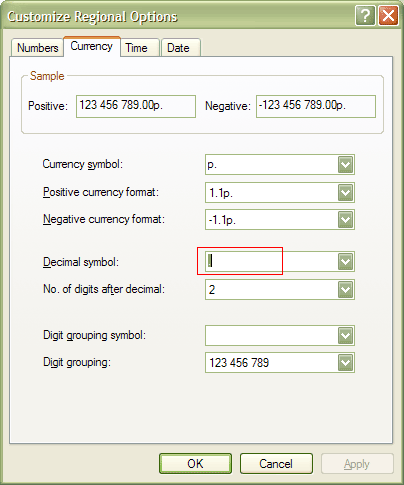 Региональные настройки Windows - дробный разделитель