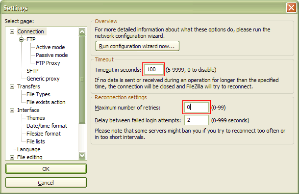 Установки FileZilla (Maximum number of retries = 0, TimeOut = 100) могут помочь при зависании закачки (когда файл проходит полностью, но потом сервер не отвечает)