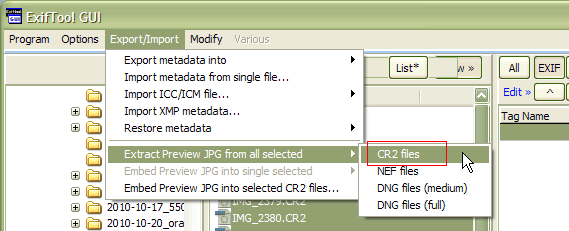 ExifToolGUI - Export/Import - Extract Preview JPG from all selected - CR2 files