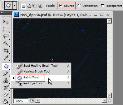 Удаления битых/горячих пикселей с помощью Photoshop - инструмент Patch Tool (Заплатка)