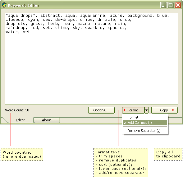 Keywords Editor - утилита для подсчета и форматирования ключевых слов